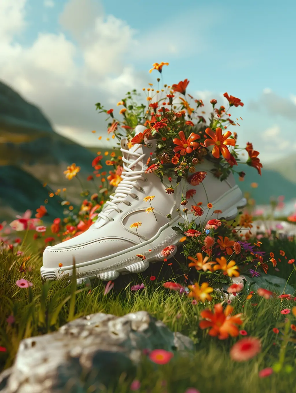 创意C4D鲜花包围白色运动鞋梦幻视觉效果广告摄影海报midjourney关键词咒语 - Ai宇宙吧--Ai宇宙吧-
