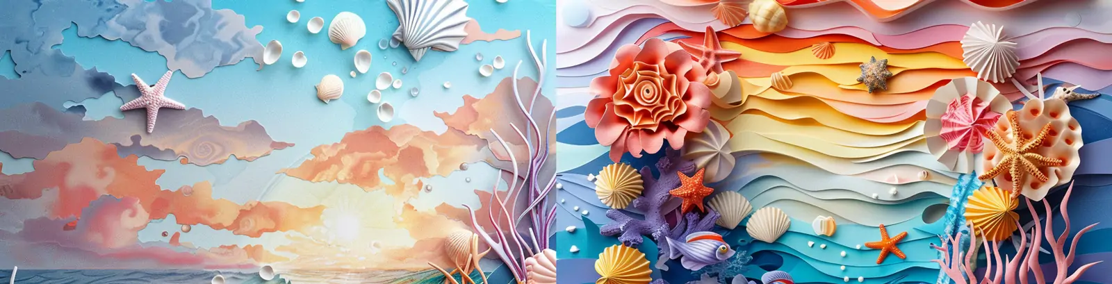 3D立体珊瑚礁贝壳海星海洋剪纸艺术美丽产品摄影海报midjourney关键词咒语