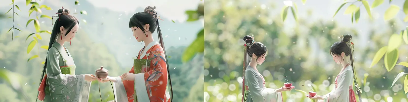 手绘中国风古典艺术女孩茶园采茶场景皮克斯风格插图海报midjourney关键词咒语