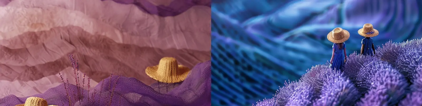 创意紫色缎面织物丝绸薰衣草花田波浪戴草帽人物微型世界场景海报midjourney关键词咒语