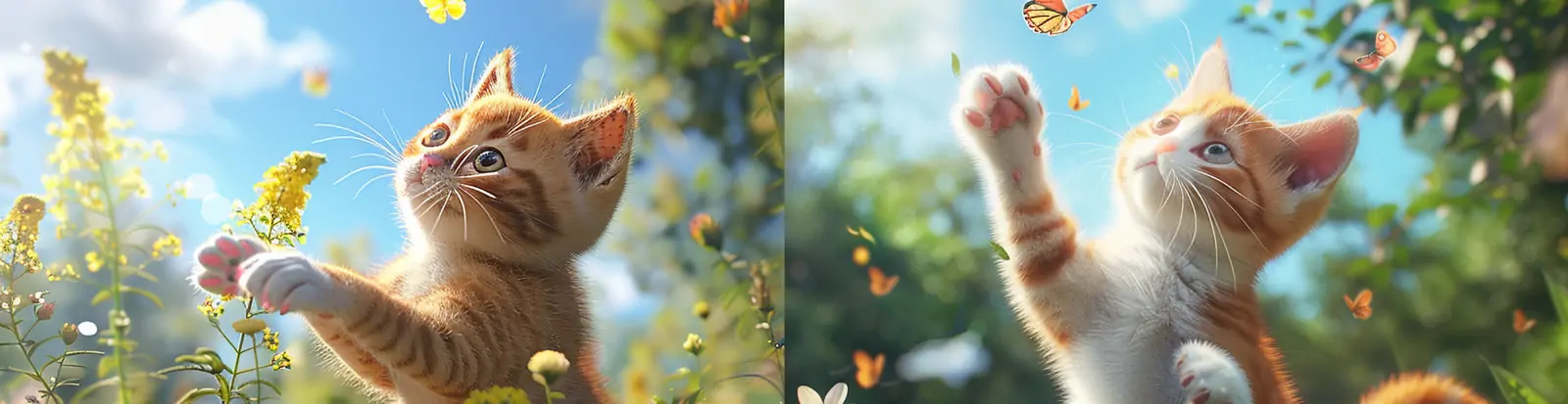 春天自然森林草原鲜花植物可爱猫咪捕捉蝴蝶场景插图海报midjourney关键词咒语