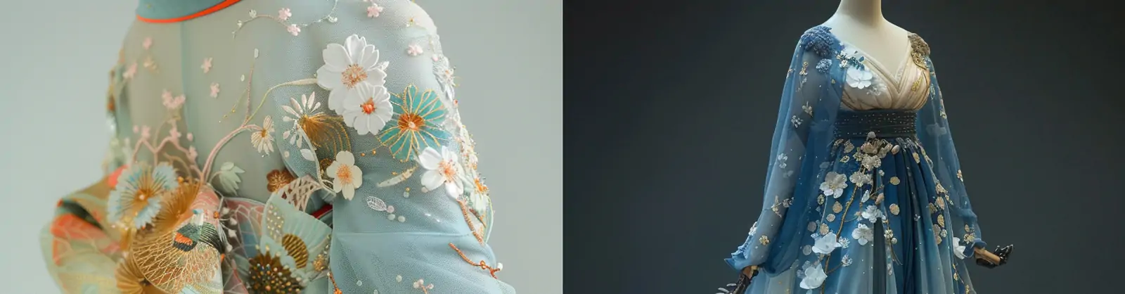 精致华丽立体鲜花刺绣蕾丝织物女性长裙展示摄影海报midjourney关键词咒语