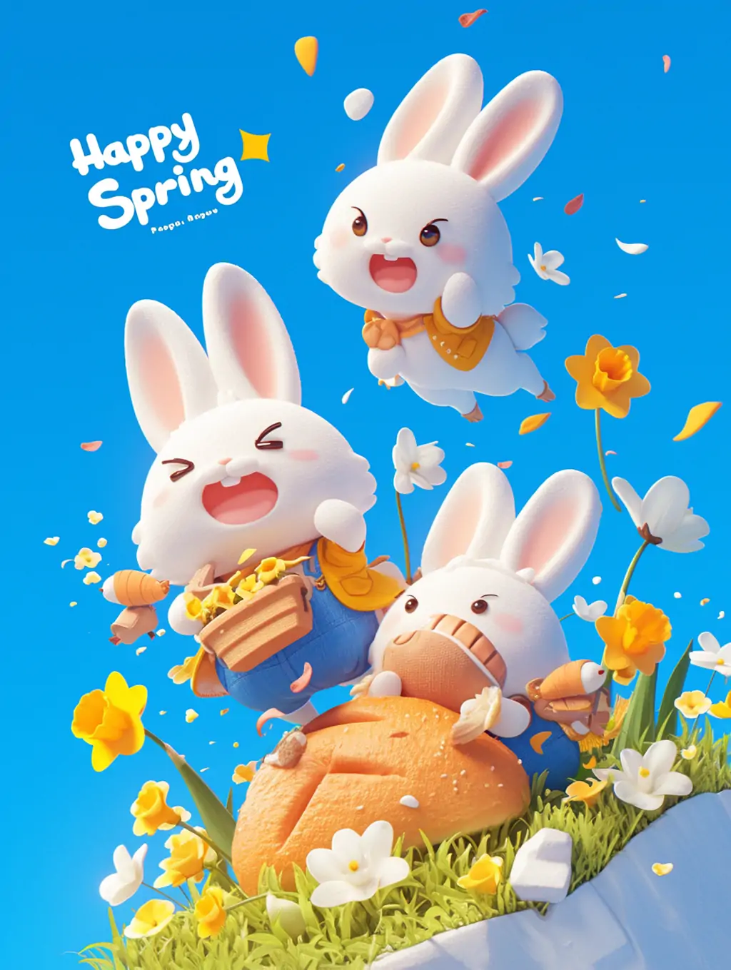3D可爱趣味卡通兔子面包蓝天白云春天场景插图海报midjourney关键词咒语 - Ai宇宙吧--Ai宇宙吧-