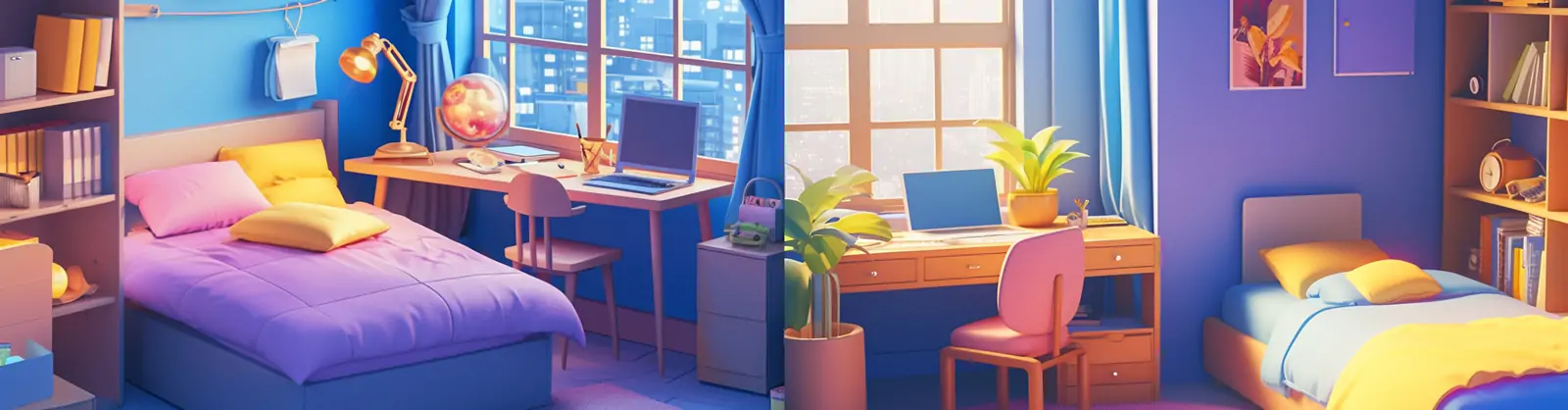 手绘可爱卡通梦幻儿童卧室学习桌室内家居装饰场景插图海报midjourney关键词咒语