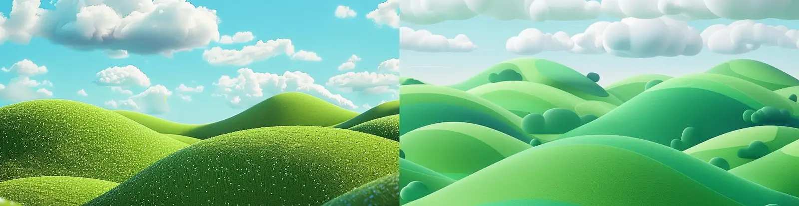 手绘卡通蓝天白云绿色草地草原动画场景插图海报背景midjourney关键词咒语