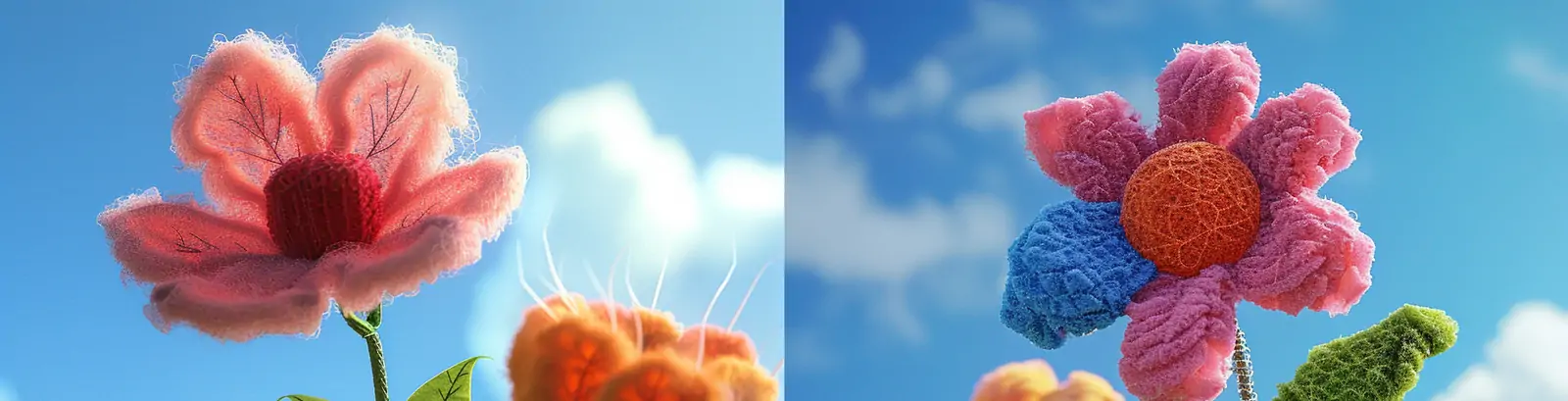 3D立体彩色春天鲜花毛线织物手工艺品蓝天白云场景艺术摄影海报midjourney关键词咒语