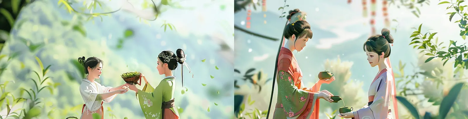 手绘中国风古典艺术女孩茶园采茶场景皮克斯风格插图海报midjourney关键词咒语