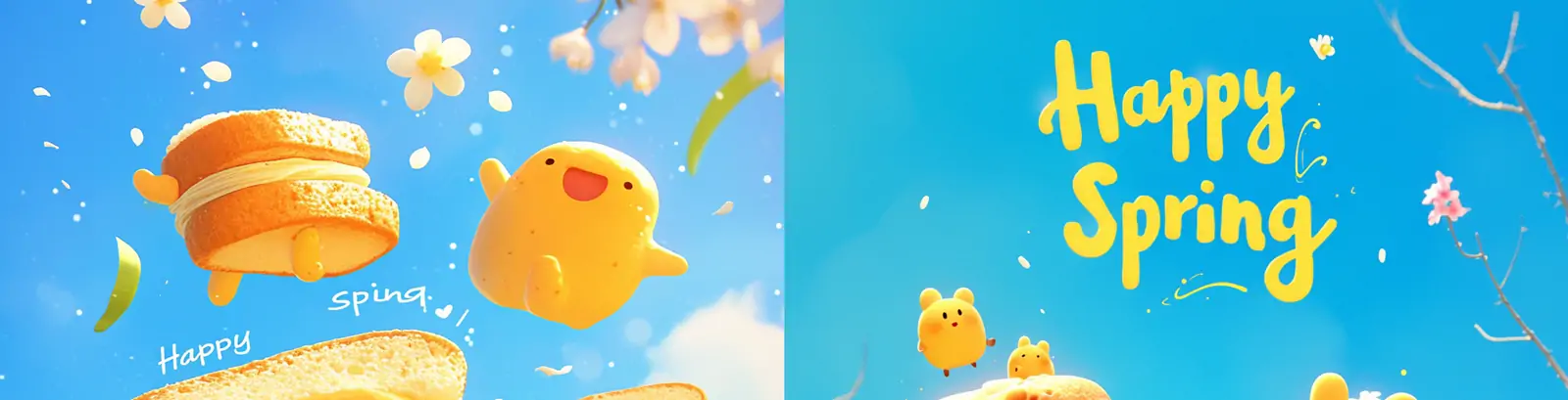 3D可爱趣味卡通面包表情蓝天白云春天场景插图海报midjourney关键词咒语