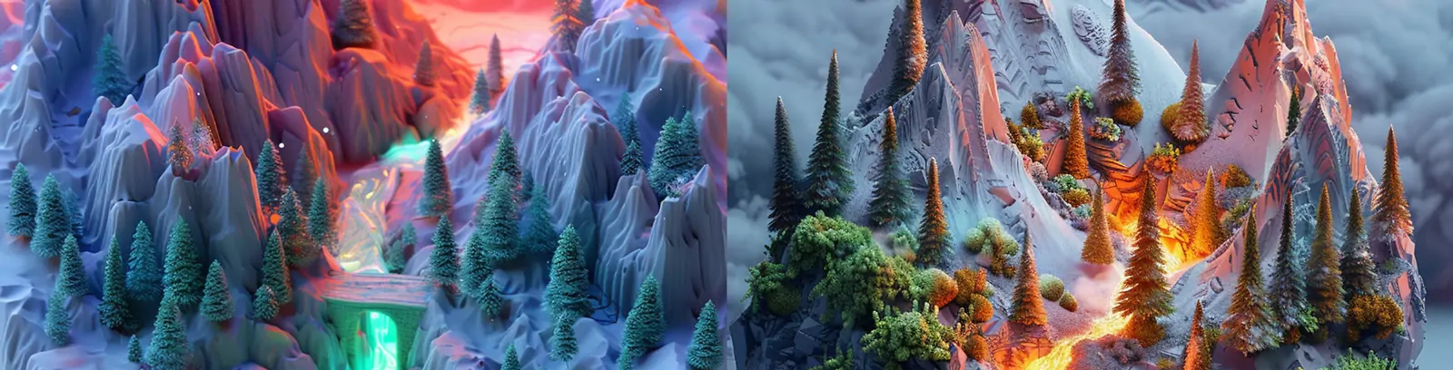 中国风3D立体粘土世界自然山脉雪山北极光场景等距艺术海报midjourney关键词咒语