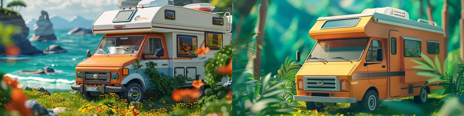 手绘可爱卡通房车旅行海边蓝天白云梦幻视觉场景插图海报midjourney关键词咒语