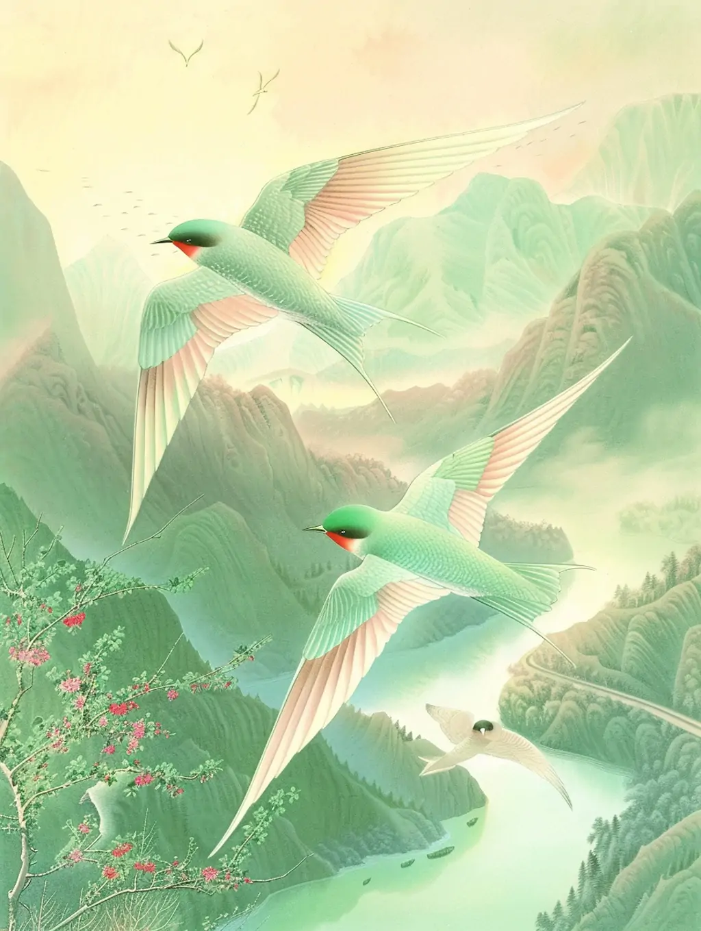 中国风绿色春天燕子飞翔自然风景山水画插图绘画海报midjourney关键词咒语 - Ai宇宙吧--Ai宇宙吧-