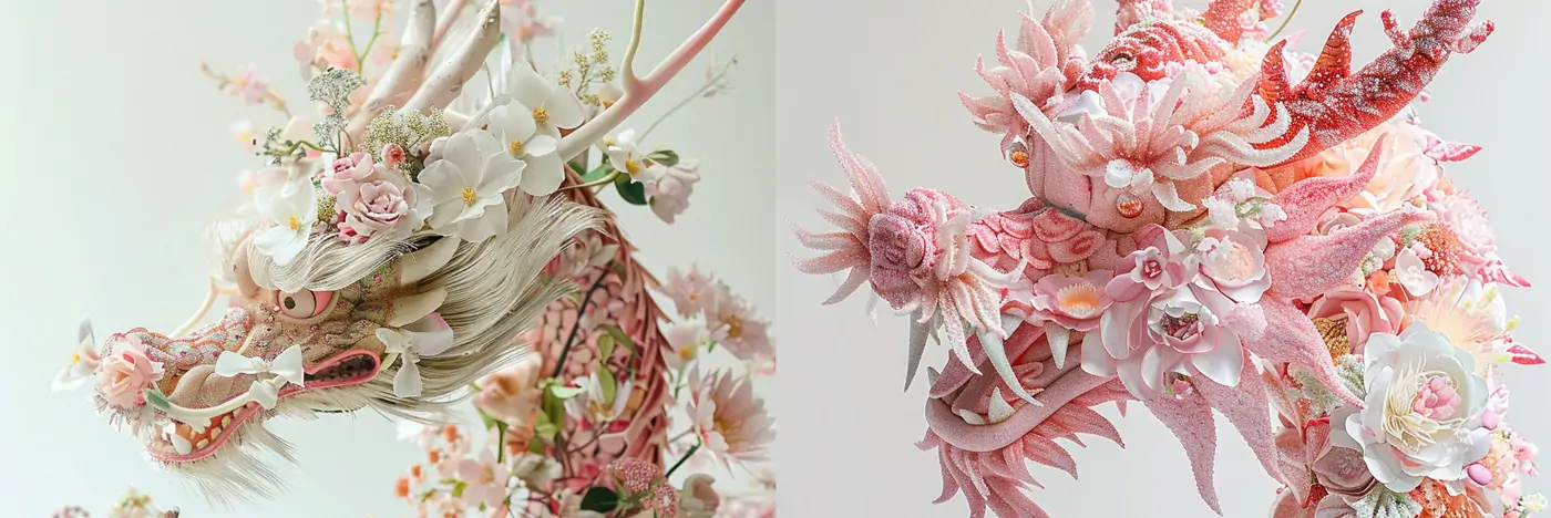 创意鲜花组成的中国龙特写镜头Midjourney关键词提示词咒语