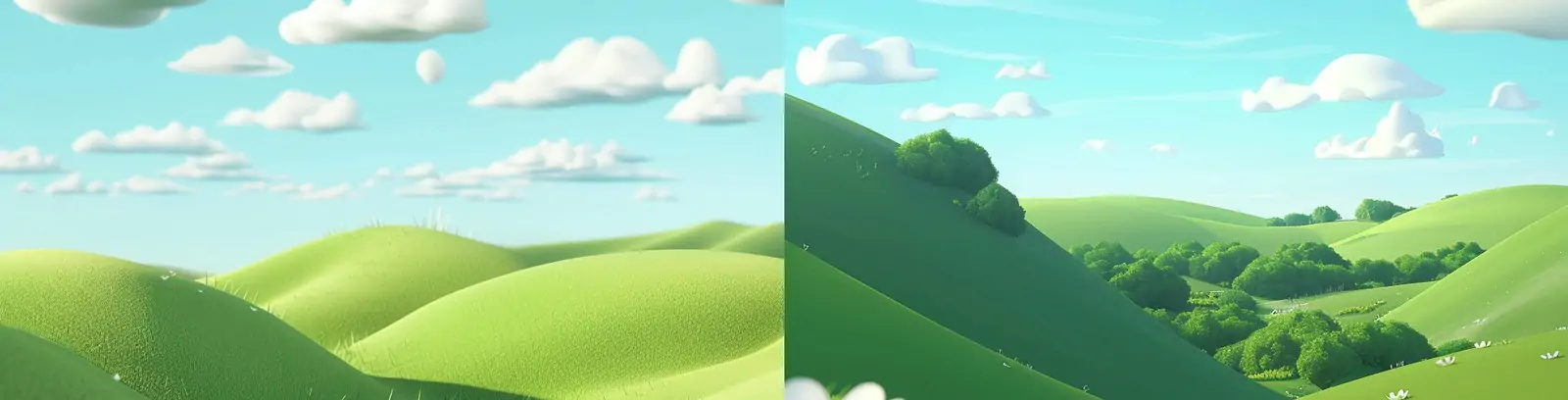 手绘卡通蓝天白云绿色草地草原动画场景插图海报背景midjourney关键词咒语