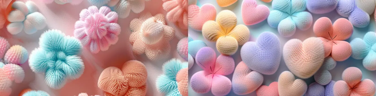 彩色可爱梦幻毛茸茸鲜花爱心无缝拼接平铺图案数字艺术背景midjourney关键词咒语