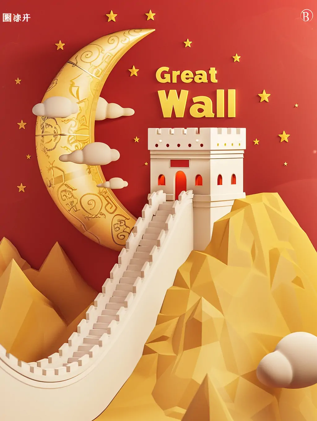3D立体中国传统文化长城门楼建筑月亮场景模型海报midjourney关键词咒语 - Ai宇宙吧--Ai宇宙吧-