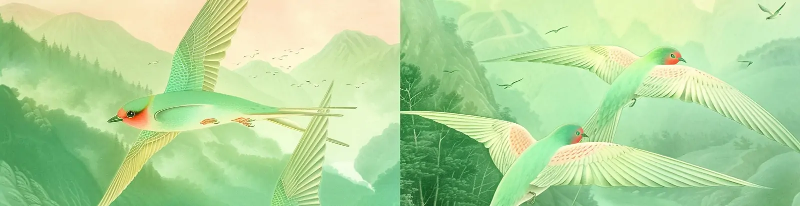 中国风绿色春天燕子飞翔自然风景山水画插图绘画海报midjourney关键词咒语