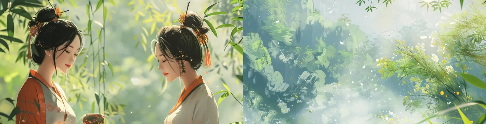 手绘中国风古典艺术女孩雨天茶园采茶场景皮克斯风格插图海报midjourney关键词咒语