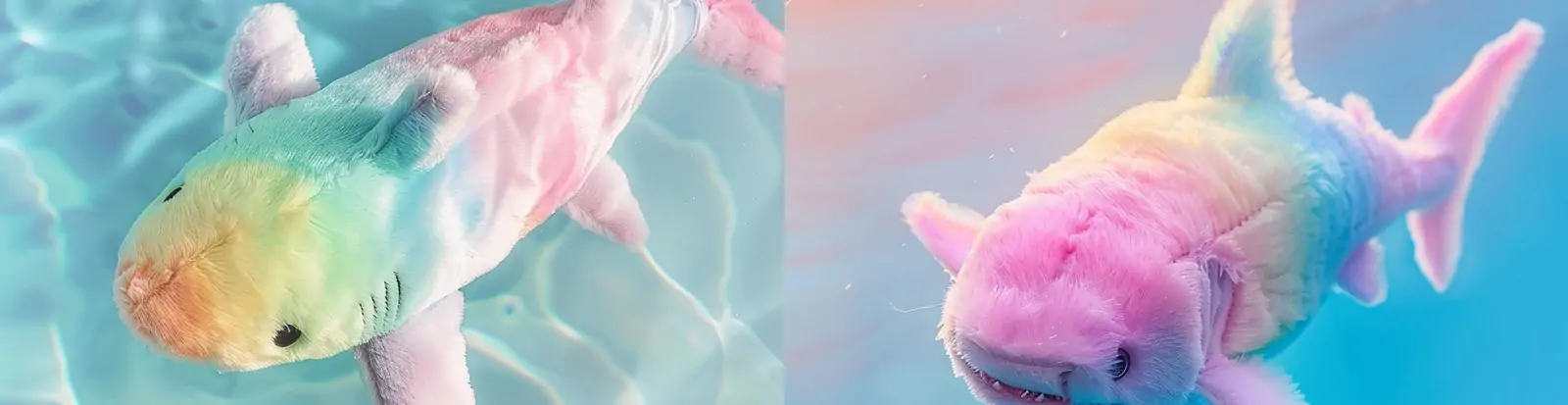 可爱彩虹鲨鱼毛绒玩具海洋游泳产品广告海报midjourney关键词咒语