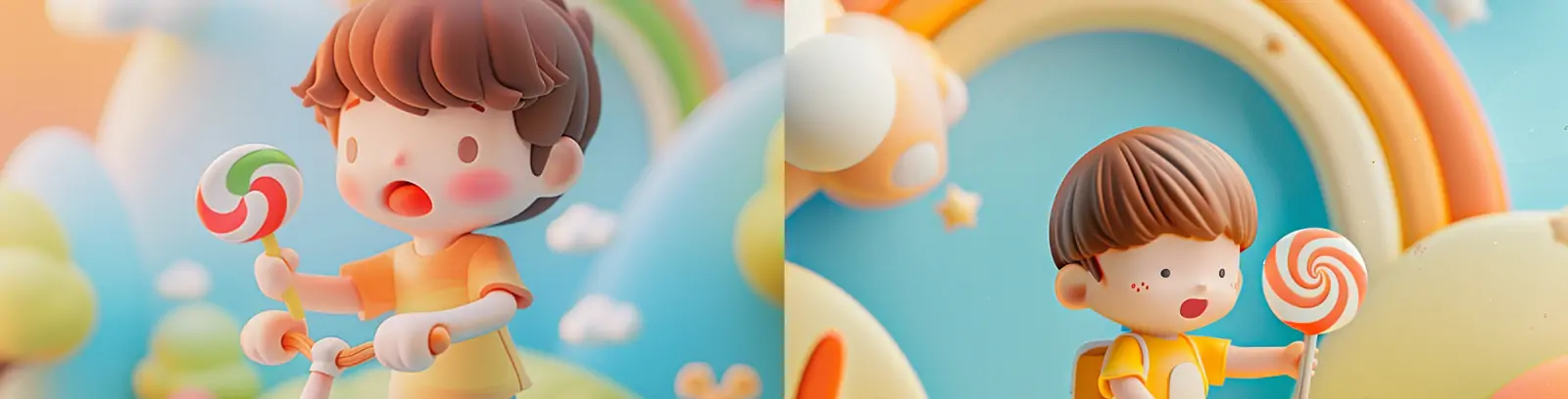 3D立体趣味卡通可爱自行车棒棒糖男孩天空云朵彩虹场景插图海报midjourney关键词咒语