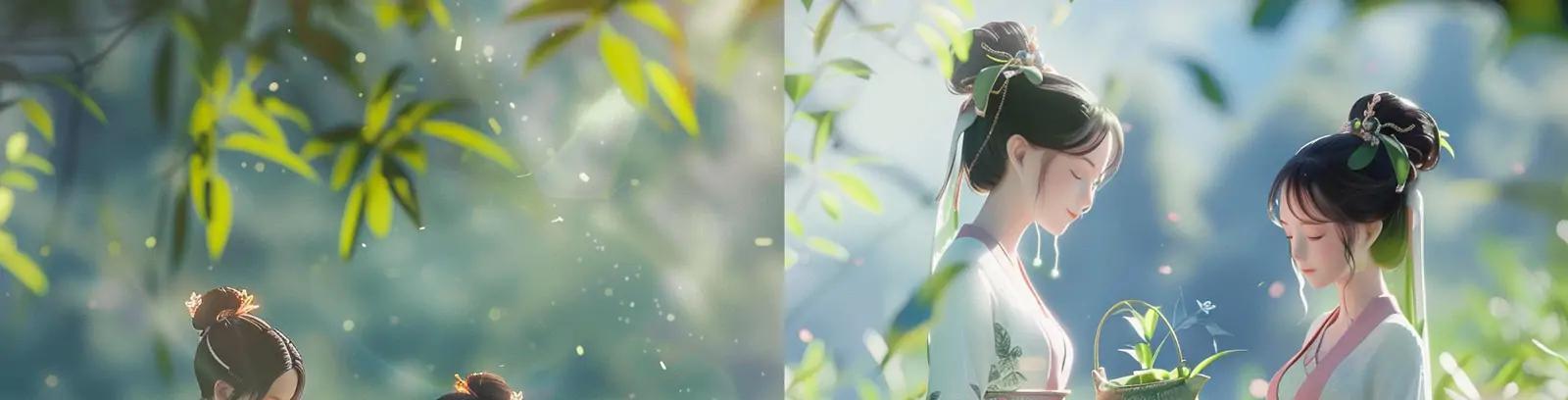 手绘中国风古典艺术女孩茶园采茶场景皮克斯风格插图海报midjourney关键词咒语