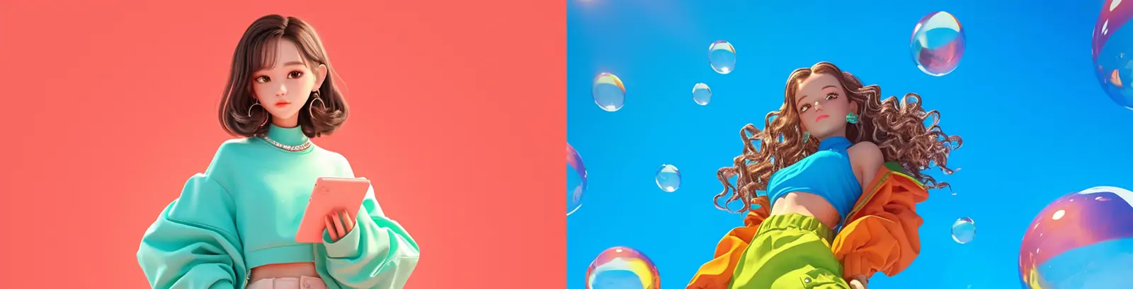 时尚潮流动漫卡通C4D立体人物女孩服装艺术插图海报midjourney关键词咒语