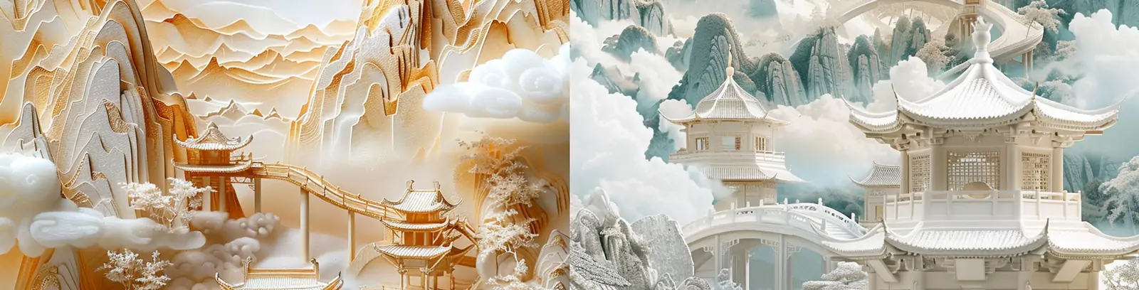 中国风山水风景亭台阁楼建筑梦幻剪纸艺术场景插图海报midjourney关键词咒语