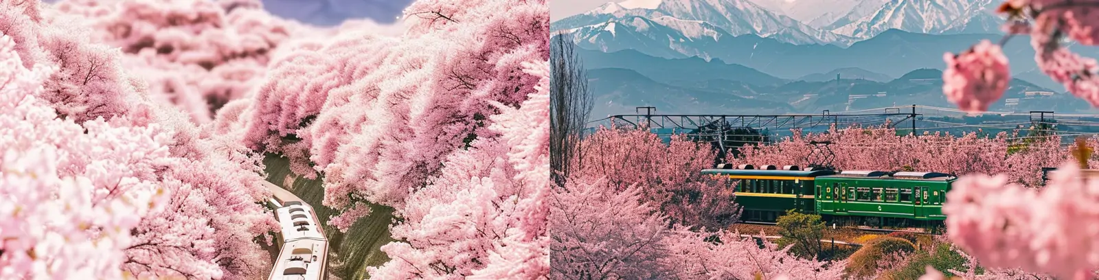 唯美春天粉色樱花绿皮火车观光穿梭雪山场景胶片摄影海报midjourney关键词咒语