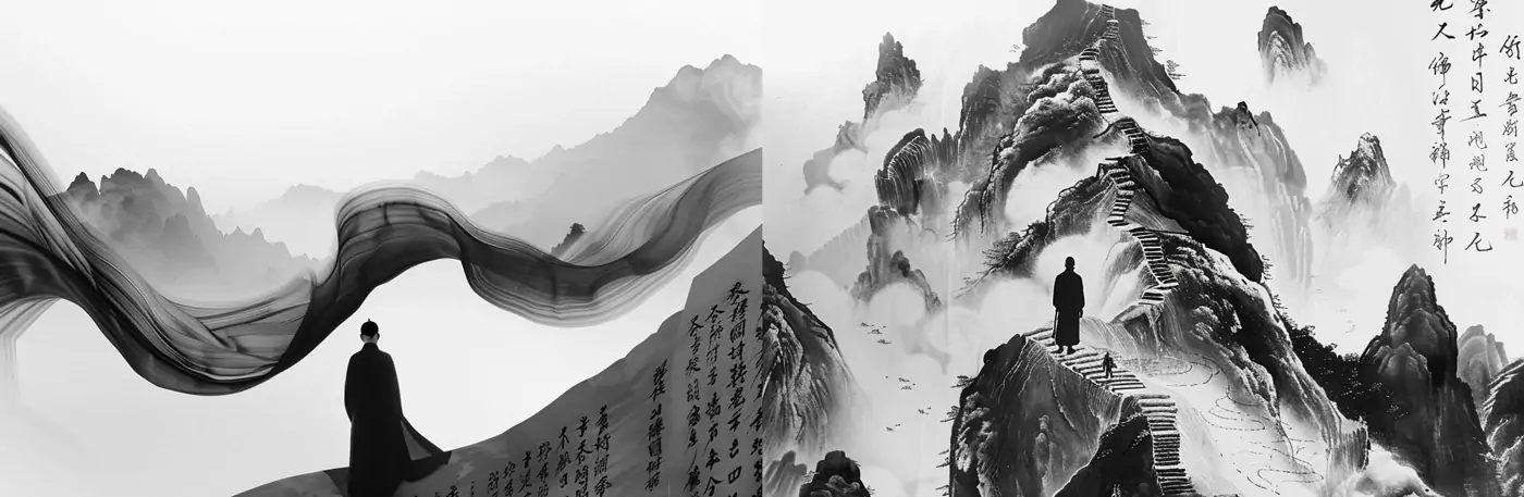 简洁黑白中国山水风水墨画midjourney关键词提示词咒语