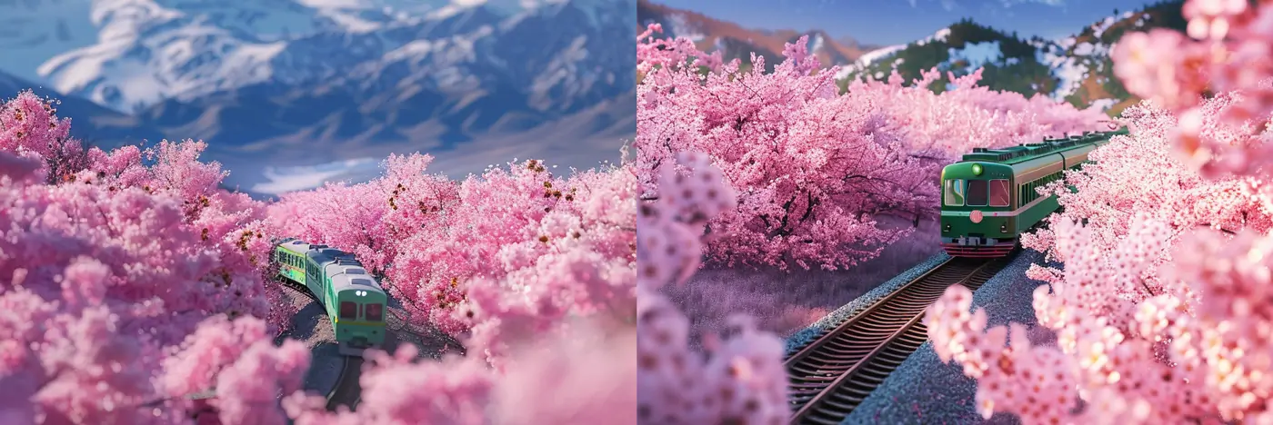 开向春天的火车桃花树林风景Midjourney关键词提示词咒语