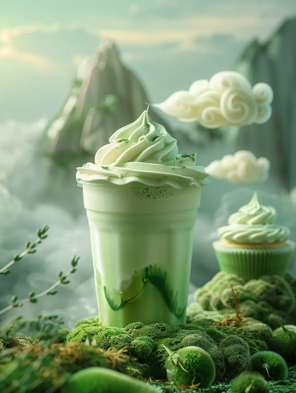 绿色抹茶绿茶雪顶咖啡奶茶蛋糕下午茶饮品产品广告摄影海报midjourney关键词咒语 - Ai宇宙吧--Ai宇宙吧-