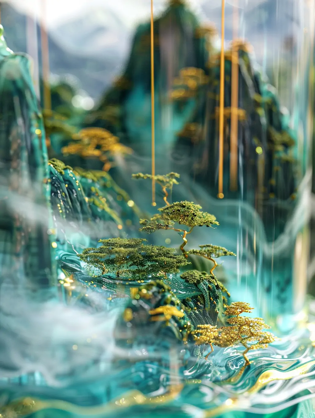 创意透明玻璃水杯中国风三维立体山水景观自然场景海报midjourney关键词咒语 - Ai宇宙吧--Ai宇宙吧-