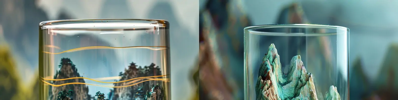 创意透明玻璃水杯中国风三维立体山水景观自然场景海报midjourney关键词咒语