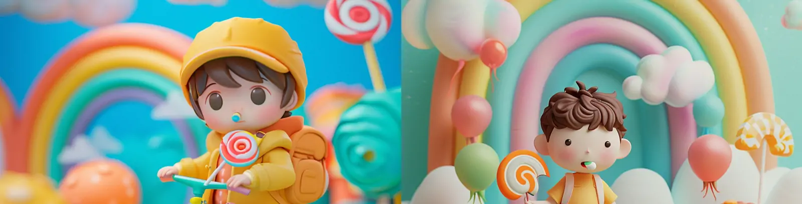 3D立体趣味卡通可爱自行车棒棒糖男孩天空云朵彩虹场景插图海报midjourney关键词咒语