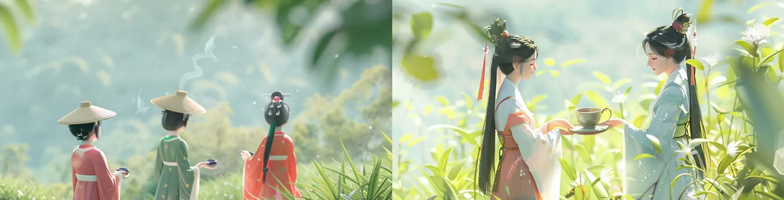 手绘中国风古典艺术女孩茶园采茶场景皮克斯风格插图海报midjourney关键词咒语