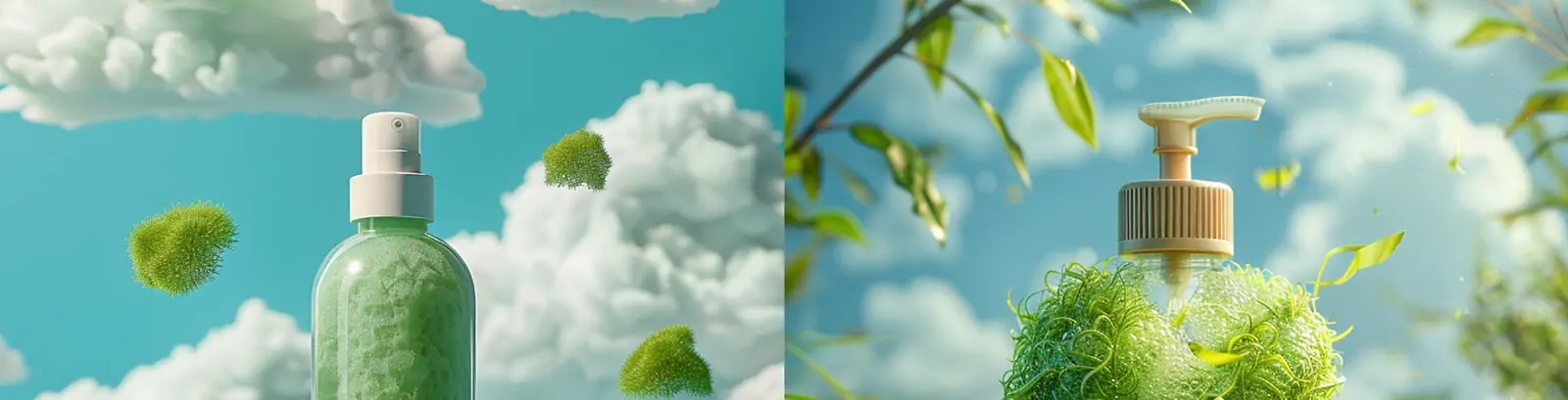 创意可爱洗发水洗护产品绿色草地蓝天白云梦幻视觉效果场景海报midjourney关键词咒语