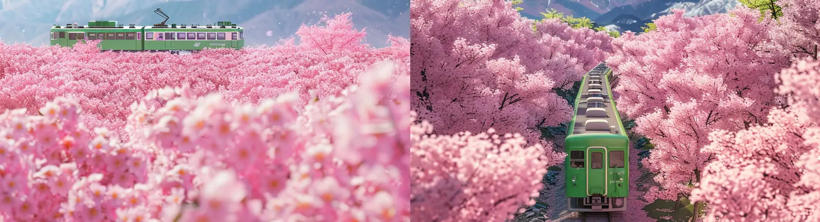唯美春天粉色樱花绿皮火车观光穿梭雪山场景胶片摄影海报midjourney关键词咒语