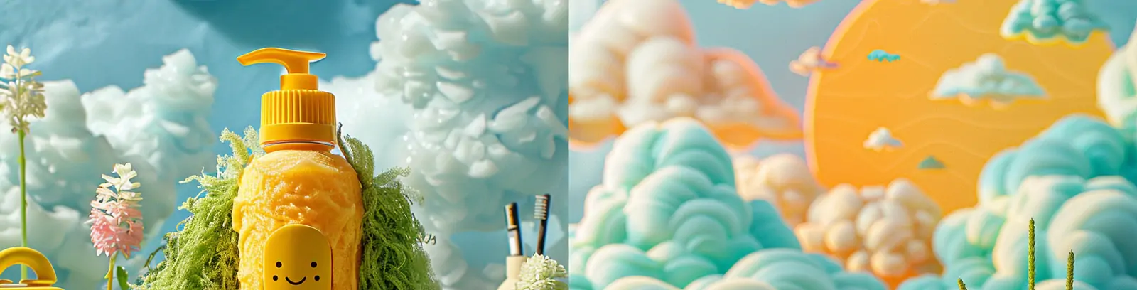 创意可爱洗发水洗护产品绿色草地蓝天白云梦幻视觉效果场景海报midjourney关键词咒语