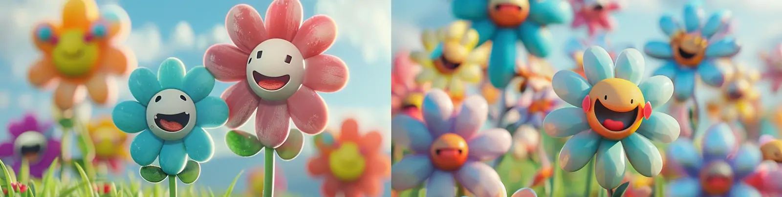 彩色3D立体春天可爱草地花朵鲜花幸福笑脸表情摄影海报midjourney关键词咒语