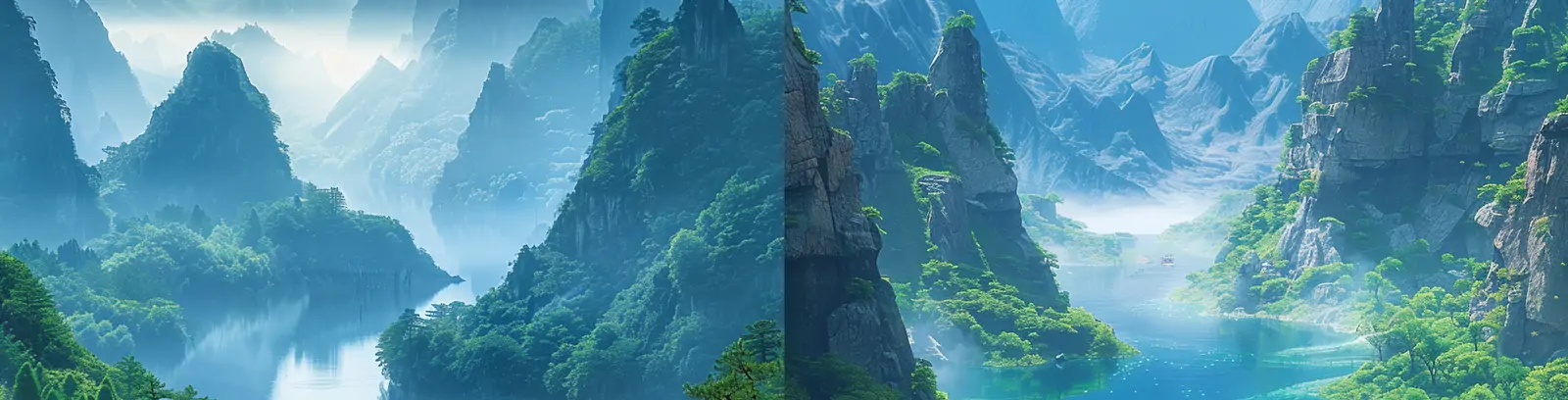 蓝色调中国自然山水河流旅游风景山地景色场景摄影海报midjourney关键词咒语