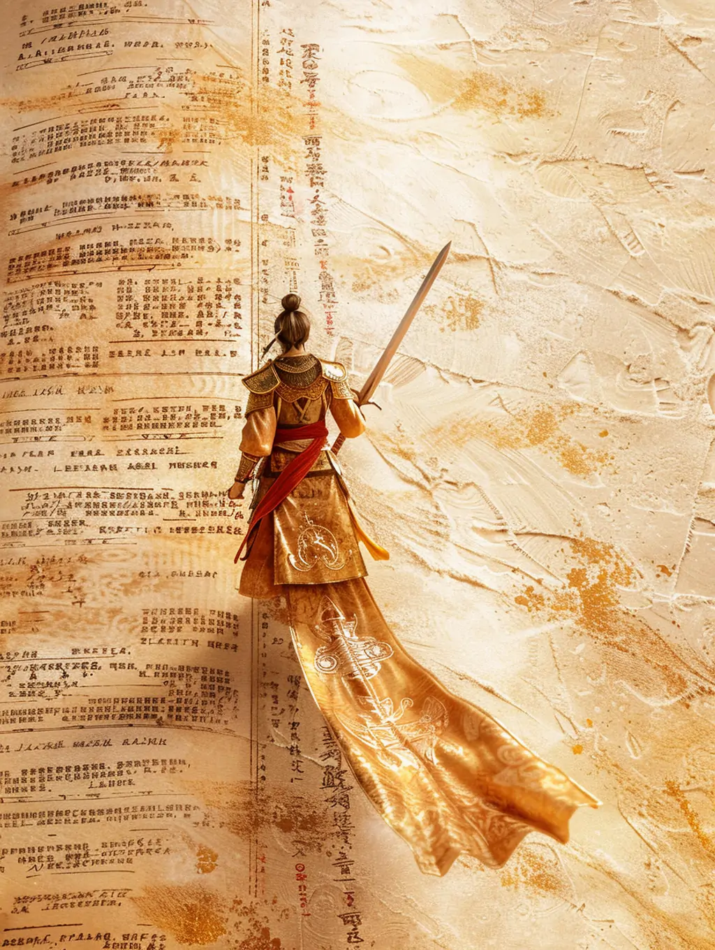 Midjourney - 金色复古敦煌艺术风格古代宝剑战士人物场景插图海报midjourney关键词咒语 人物-Ai宇宙吧-
