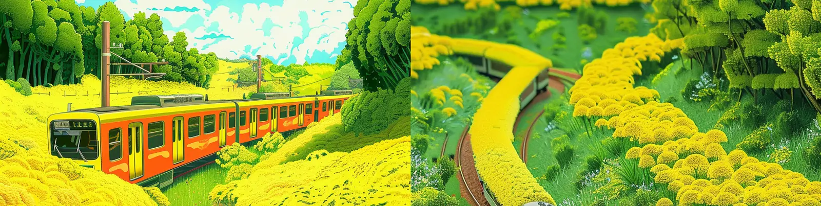 手绘春天黄色油菜花梦幻火车轨道观光风景线场景鸟瞰图插图海报midjourney关键词咒语