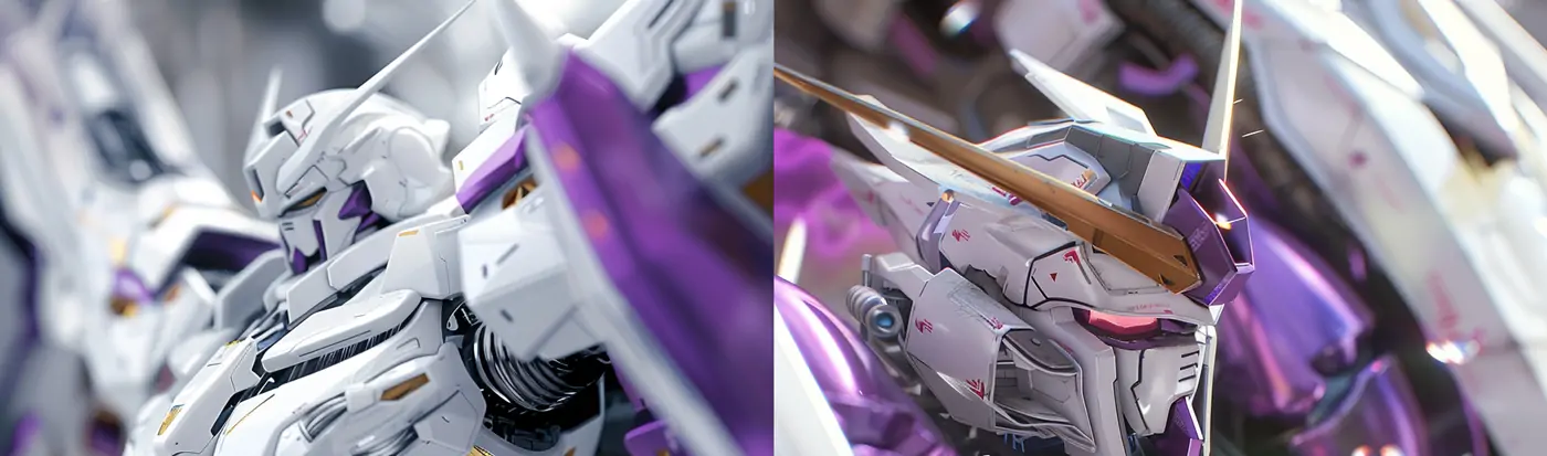 未来主义白紫色科幻机甲机械机器人机翼特写镜头摄影海报midjourney关键词咒语