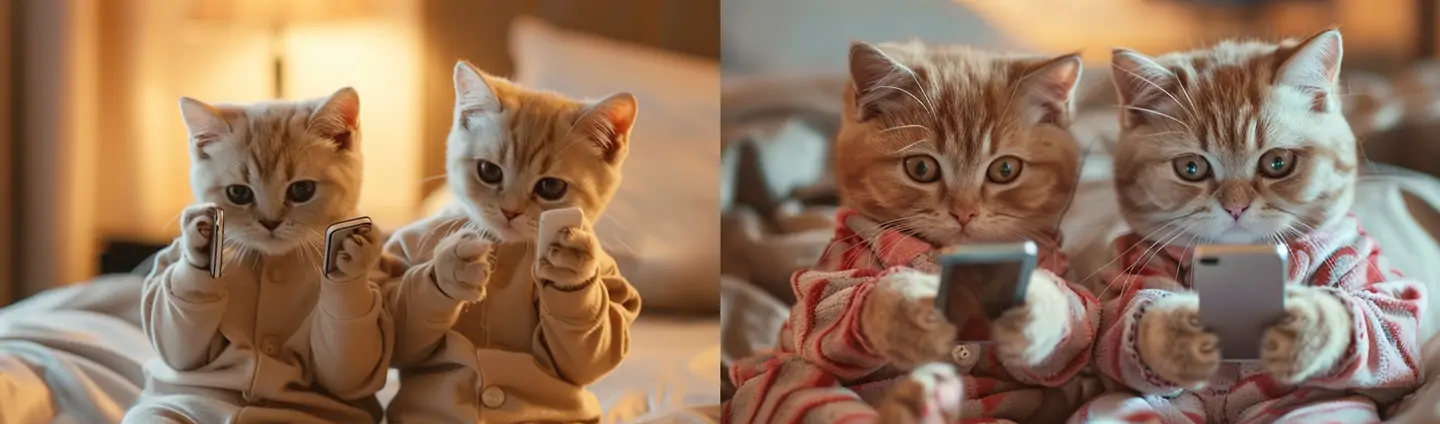 两只可爱英短猫咪穿睡衣拿手机拟人化摄影海报midjourney关键词咒语