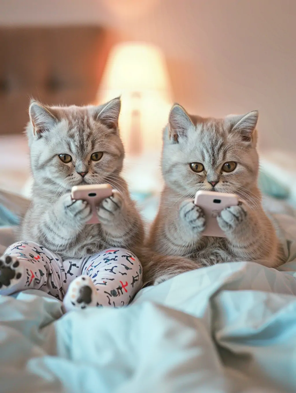 两只可爱英短猫咪穿睡衣拿手机拟人化摄影海报midjourney关键词咒语 - Ai宇宙吧--Ai宇宙吧-