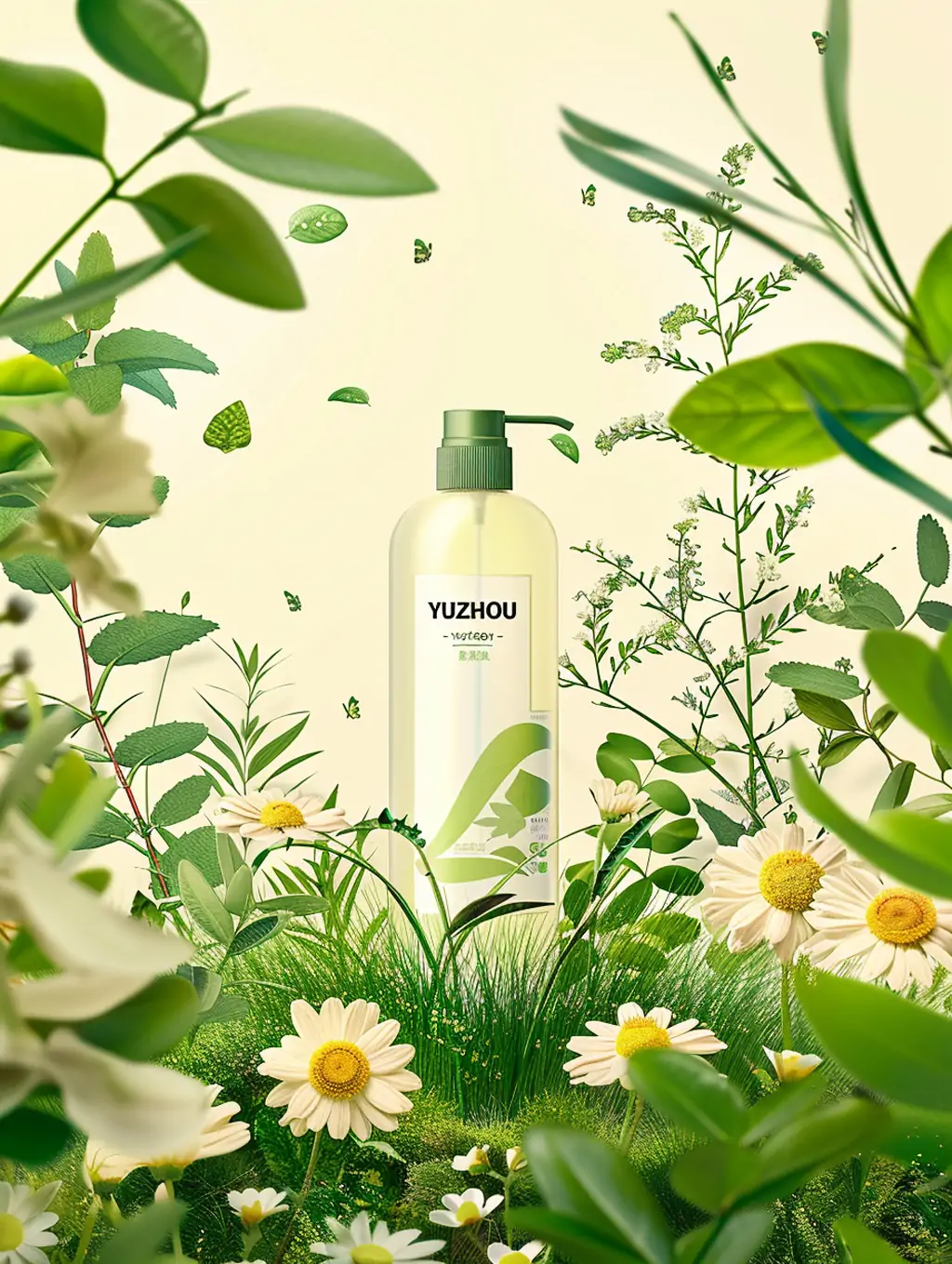 绿色天然有机鲜花植物洗发水洗护产品广告插图海报midjourney关键词咒语 - Ai宇宙吧--Ai宇宙吧-