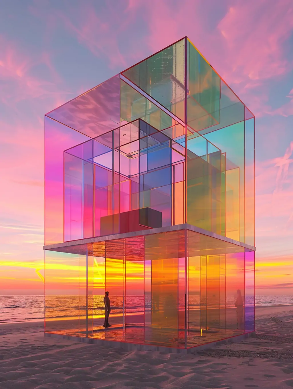 创意海边沙滩彩色透明玻璃建筑结构摄影海报midjourney关键词咒语 - Ai宇宙吧--Ai宇宙吧-