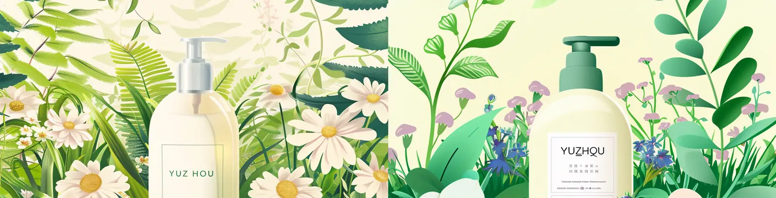 绿色天然有机鲜花植物洗发水洗护产品广告插图海报midjourney关键词咒语