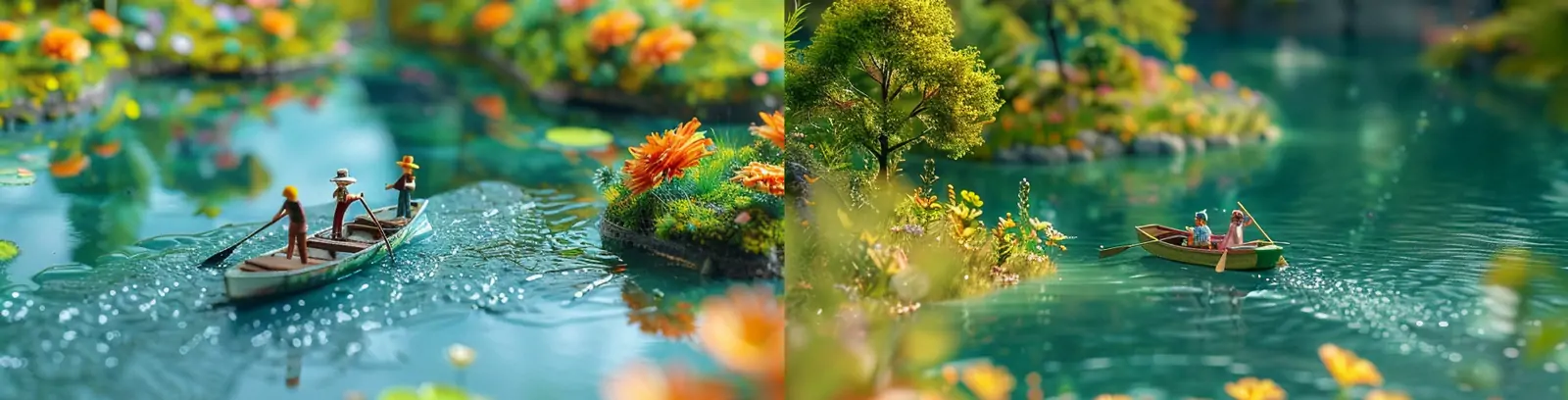 3D立体绿色春天湖中划船郊游微缩场景插图海报midjourney关键词咒语