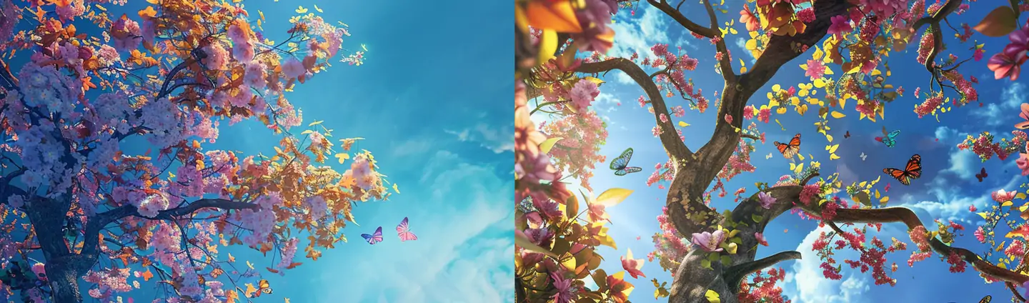 超现实主义色彩斑斓鲜花蝴蝶树木仰视幻想世界摄影海报midjourney关键词咒语