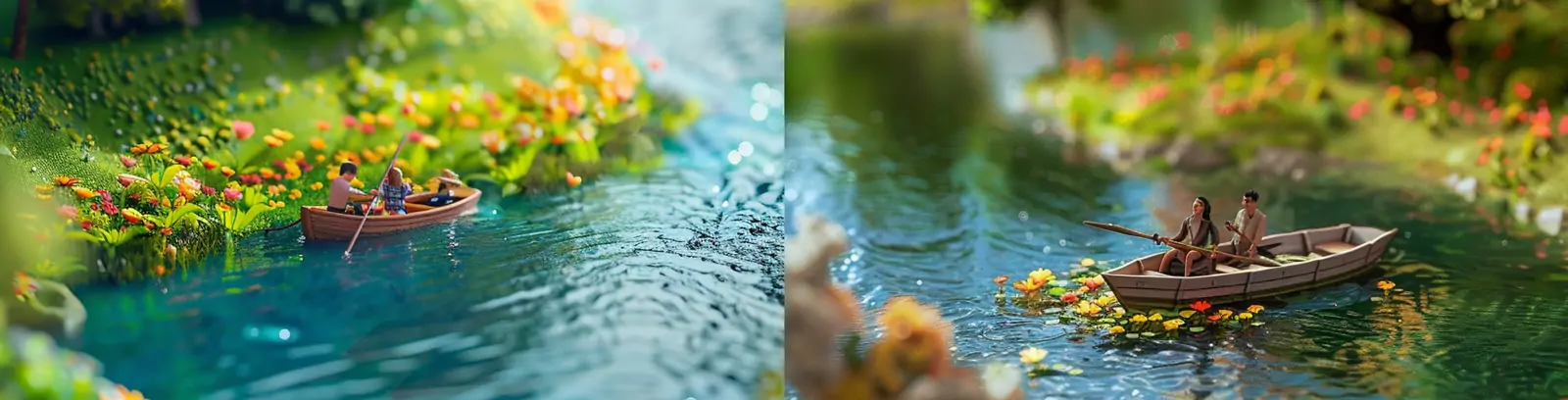 3D立体绿色春天湖中划船郊游微缩场景插图海报midjourney关键词咒语